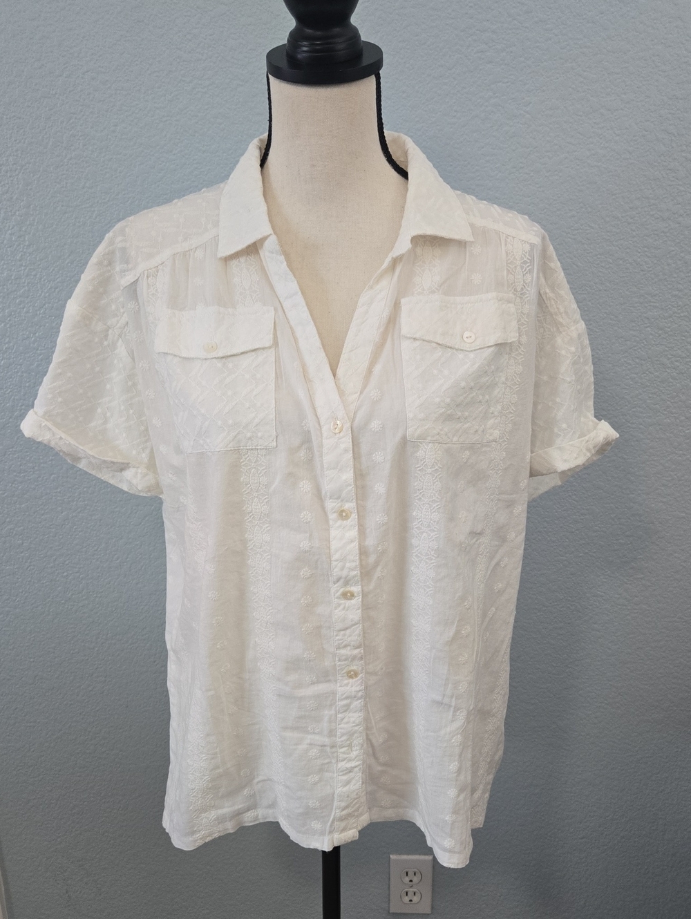 SUNDANCE White Embroidered Patterned Short-Sleeve Button-Front Shirt Cotton LRG